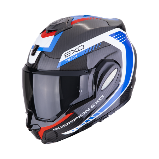 Casco Scorpion Modular Exo-Tech Evo Carbon Cosy Negro-Azul-Rojo